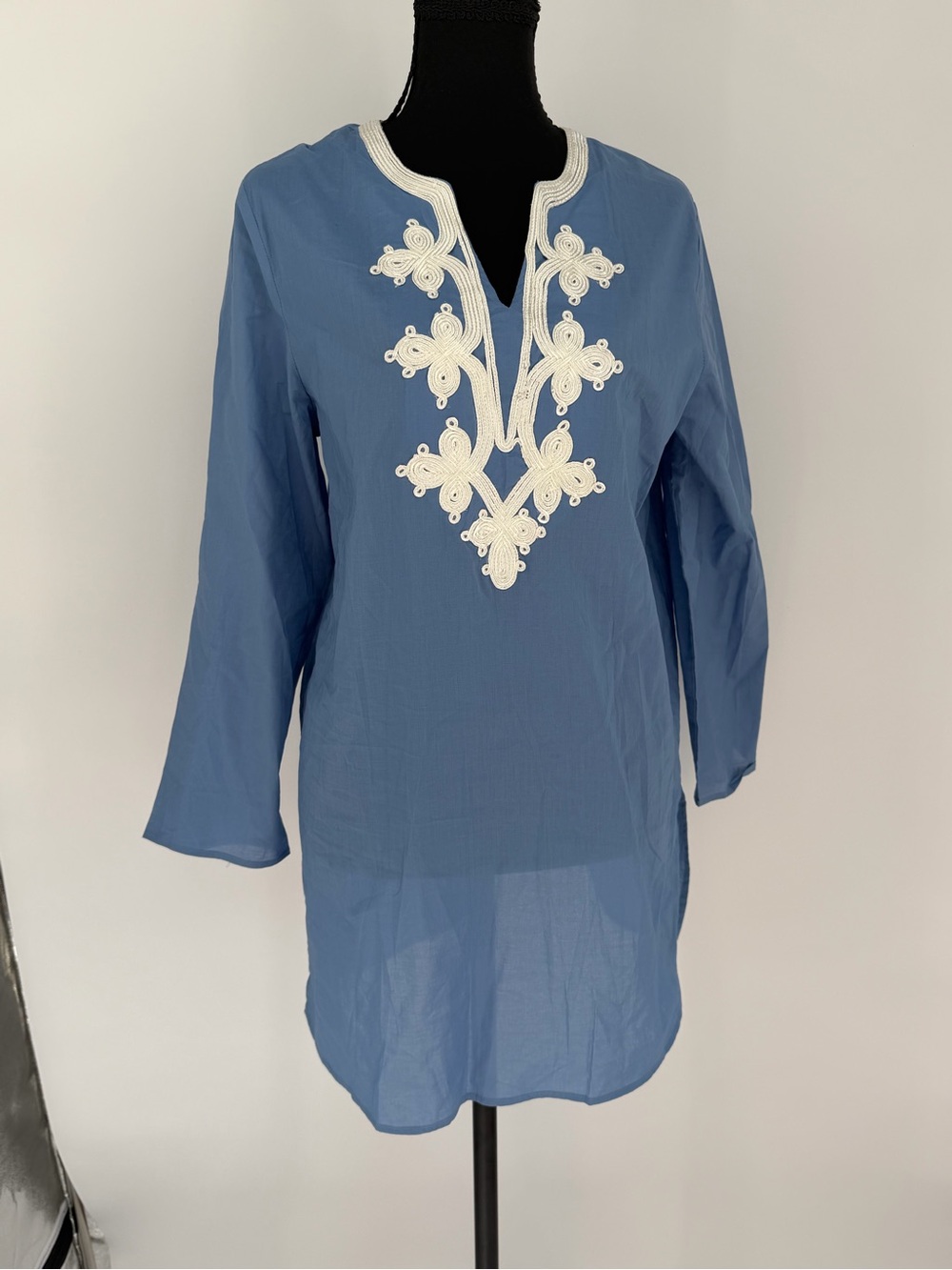 UV protection swim cover up Blue Embroidered V-Neck Tunic Top